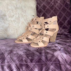 Blush/ tan lace up stacked heels